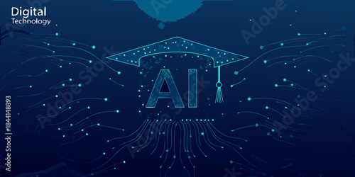 Artificial intelligence graduation cap with digital technology and networking lines concept