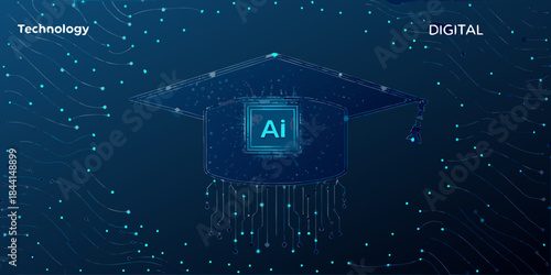 Digital graduation cap with ai technology and network connections illustration