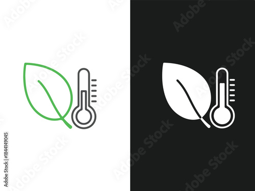 Environmental Awareness Icon: A minimalistic icon, depicting a green leaf paired with a thermometer, signifies environmental awareness and ecological balance, representing nature and temperature.