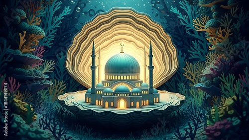 Mosque Inside a Giant Seashell on Underwater Coral Reef