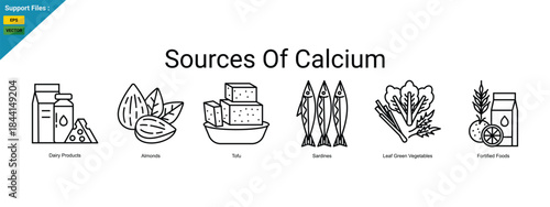 Sources of Calcium Line Icons – Dairy Products, Almonds, Tofu, Sardines, Leaf Green Vegetables and Fortified Foods.