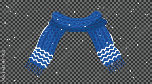Blue knitted scarf with falling snowflakes