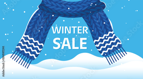 Winter sale banner with blue knitted scarf hanging over snowy landscape