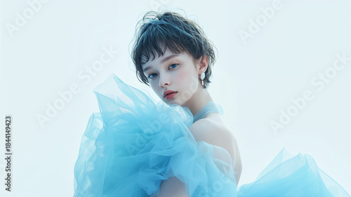 チュールドレスを着たショートカットの綺麗な女性