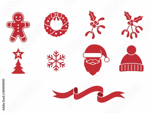 Festive Icons of the Season: An assortment of cheerful Christmas symbols are depicted, each representing the spirit of the holiday season, from traditional cookies to decorative wreath.
