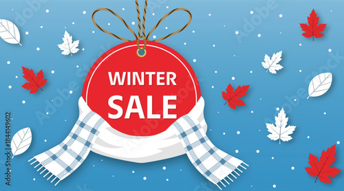 Winter sale red badge wrapped in cozy scarf with falling snow and maple leaves