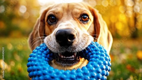 Adorable dog holding blue textured toy outdoors in golden light