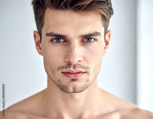 A focused close-up captures a light-skinned male facing the viewer. The clean-shaven face is framed by neatly styled, short brown hair
