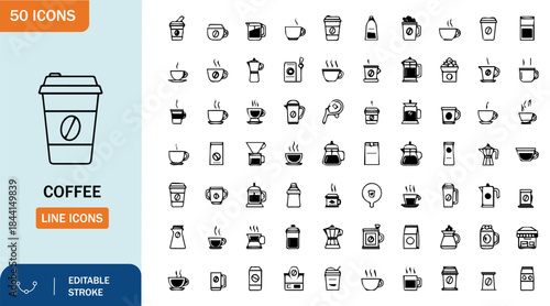 50 coffee line icons set various coffee drinks, brewing equipment, and cups