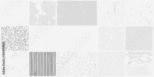 Abstract composition of grayscale textures and geometric patterns on a white background