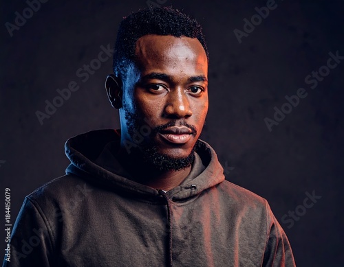 A focused close-up captures a young African man, gazing intently at the viewer. He wears a hooded sweatshirt, lit with warm, dramatic tones