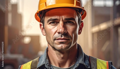 A focused construction worker in an orange hard hat and safety vest, looking directly at the camera with a determined gaze