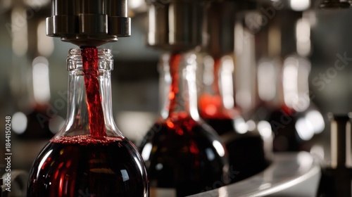 Wine Bottling Process: An up-close view captures the precise process of filling glass bottles with vibrant red wine in a modern production setting.