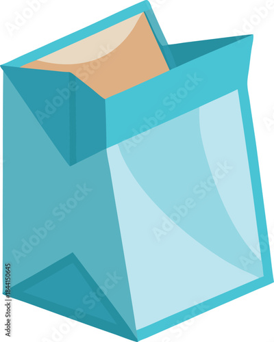 Open blue paper bag with contents on white background
