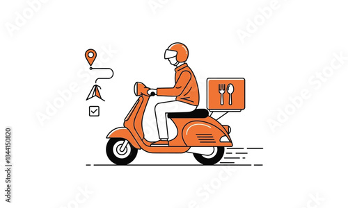 Food delivery service worker riding scooter to deliver order to client