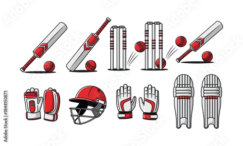 Set of cricket sport equipment for playing game on field or stadium