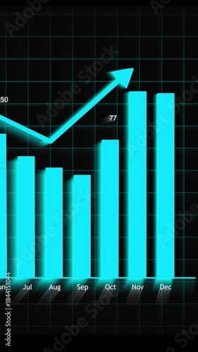 Animated financial growth chart vertical video neon blue bar graph corporate technology data visualization abstract background. Animated blue bar chart vertical video upward trend business technology.