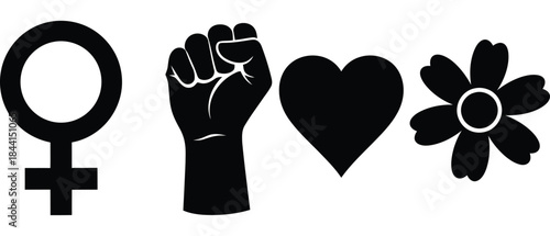 Black female symbol fist heart flower icons on white background vector