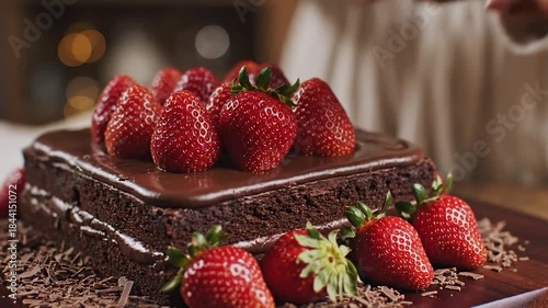 Decorating rich chocolate layer cake with fresh red strawberries sweet dessert preparation