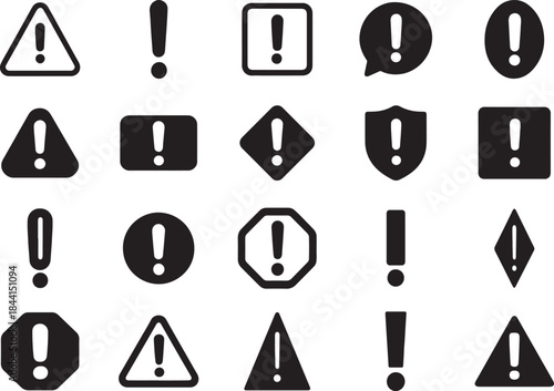   Various exclamation icon set styles in black and white for alerts, warnings, UI and print.