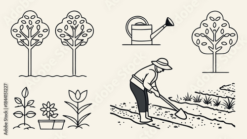 Set of Gardening Line Icons Featuring a Farmer Planting, Trees, and Floral Elements