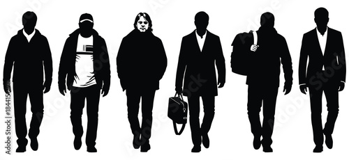 Six black silhouette figures of men walking in various attire male