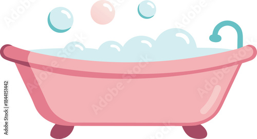 Cute pink bathtub filled with bubbles and water drops
