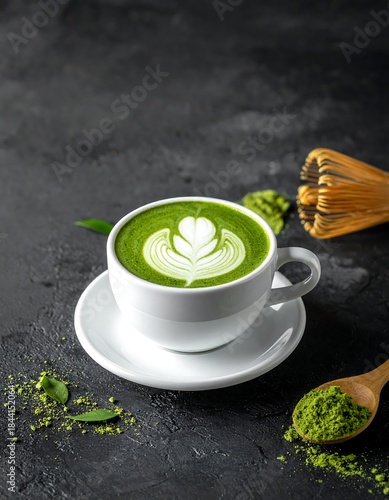A cup of bright green beverage with artful foam design, on a saucer. Ingredients and a whisk surround it