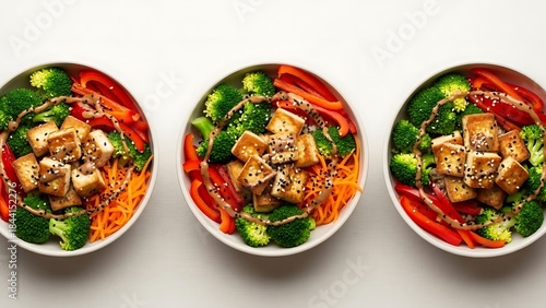 Wallpaper Mural Three Vibrant Vegan Tofu Bowls with Broccoli and Shredded Carrots Torontodigital.ca