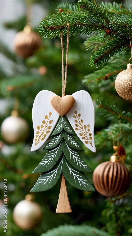 Fototapeta premium Wooden angel Christmas tree ornament hanging on branch