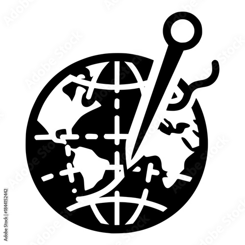 sewing needle piercing earth globe with stiches vector image illustration