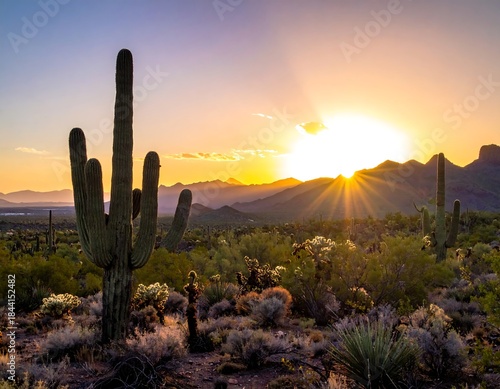 Wallpaper Mural Desert landscape with cacti silhouetted against a brilliant sunset Torontodigital.ca