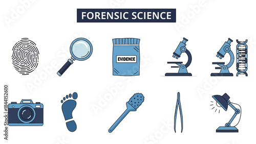 A row of ten blue and black icons related to forensic science tools and evidence