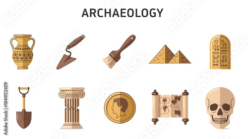 Archaeology icons featuring tools artifacts structures and human remains