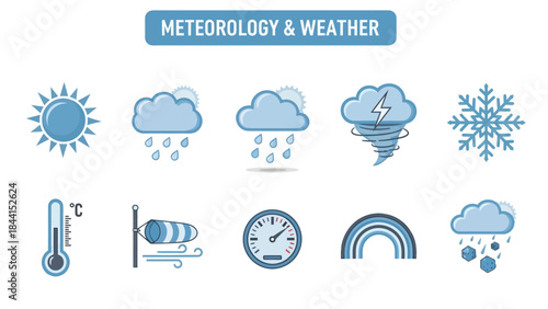 Blue and white icons for meteorology and weather phenomena arranged in two rows