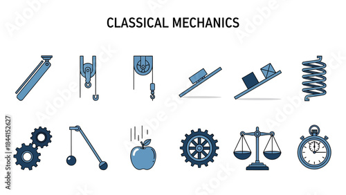 Blue and dark blue icons representing concepts in classical mechanics arranged in two rows