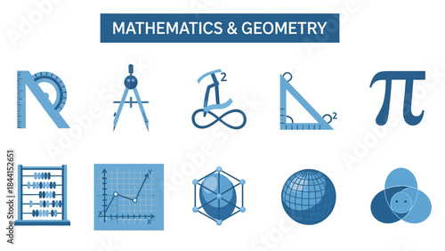 Blue icons related to mathematics and geometry displayed in two rows