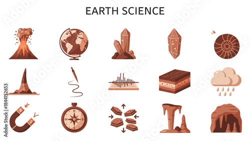 Collection of fifteen browntoned icons representing Earth Science concepts arranged in a 3x5 grid
