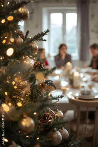 Decorated Christmas tree in foreground with family gathering in background, cozy festive home interior, warm holiday lights and celebration mood
