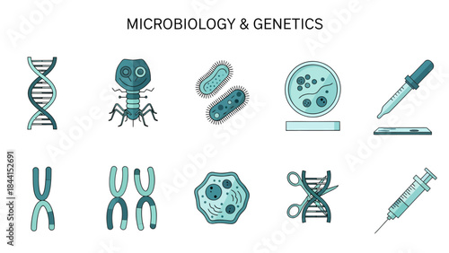 Collection of ten light blue and gray icons representing microbiology and genetics concepts