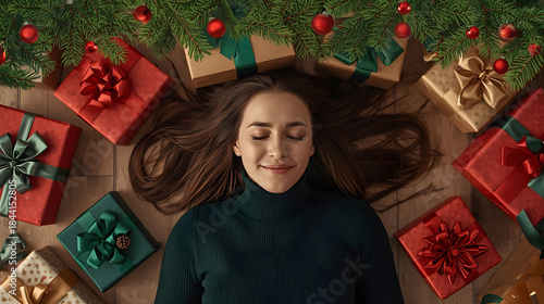 Serene holiday scene of woman resting among Christmas gifts, cozy winter celebration, flat lay lifestyle image with festive decoration