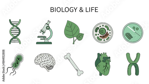 Ten green and white icons representing biology and life science concepts