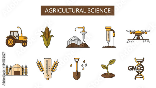 Ten icons representing concepts related to agricultural science displayed below a title banner
