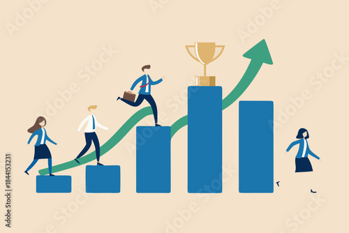 Business people climbing a growth chart with a trophy at the top