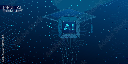 Digital graduation cap with ai core representing future technology and learning
