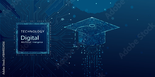Digital learning and technology Graduation cap within a circuit board design