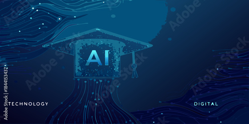 Artificial intelligence graduation cap with digital circuit board background