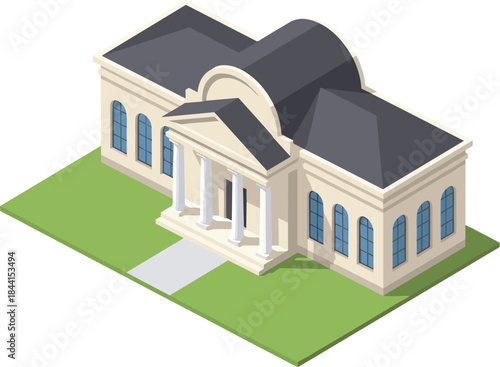 Isometric Classical Building Illustration with Columns, Dome Roof, Arched Windows, and Lawn for Civic Architecture, Museum, or Government Design Projects