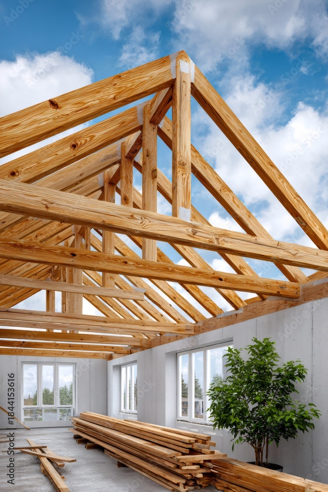 Fototapeta premium House construction framing wooden roof trusses against sky