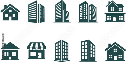 Set of Urban and Suburban Building Icons in Monochrome Style – Residential, Commercial, Office, Apartment, Storefront, Real Estate Graphics